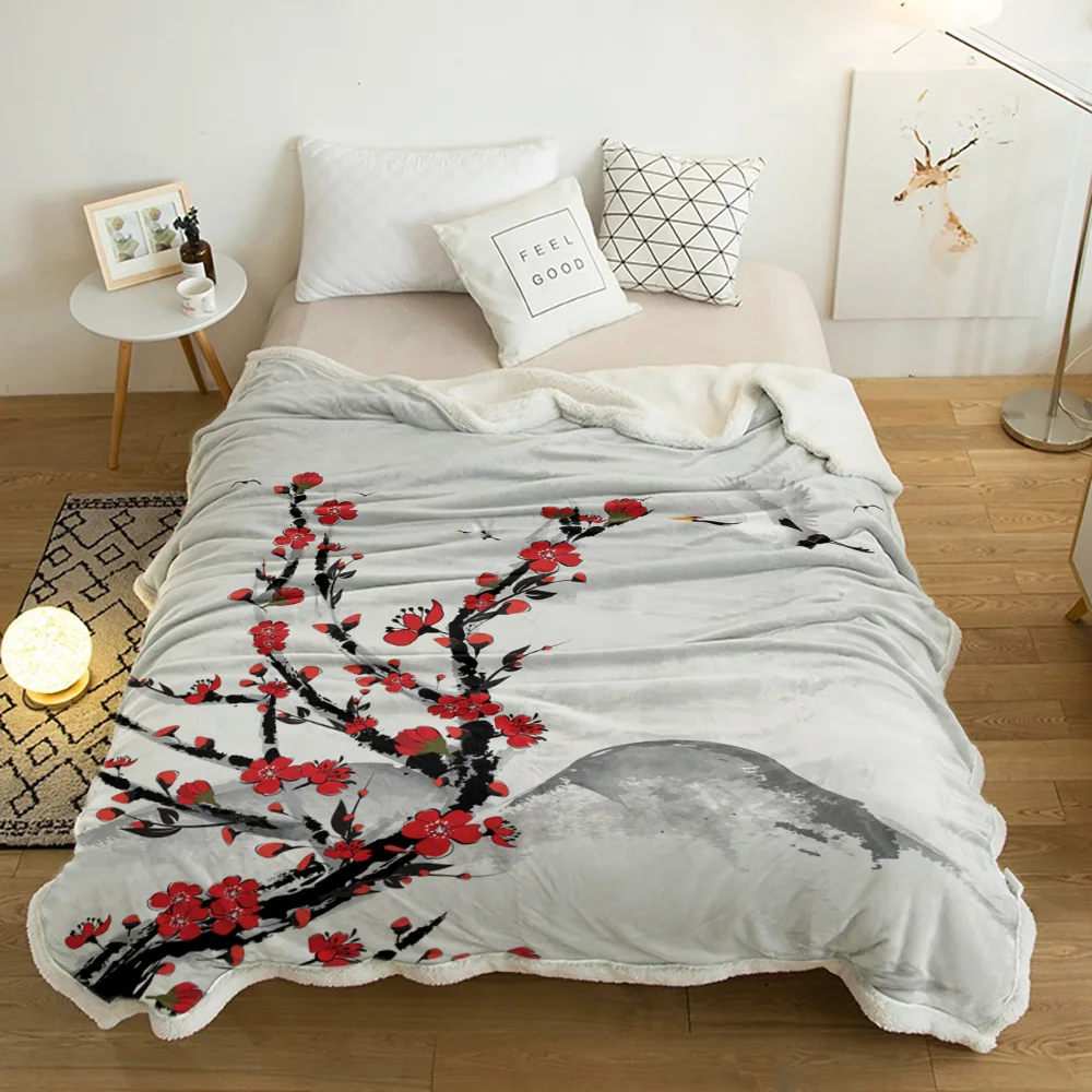 

Chinese Ink Painting Plum Crane Flower Art Lamb Cashmere Fleece Blanket Home Bed Sofa Winter Sherpa Bedding Kids Thick Bedspread