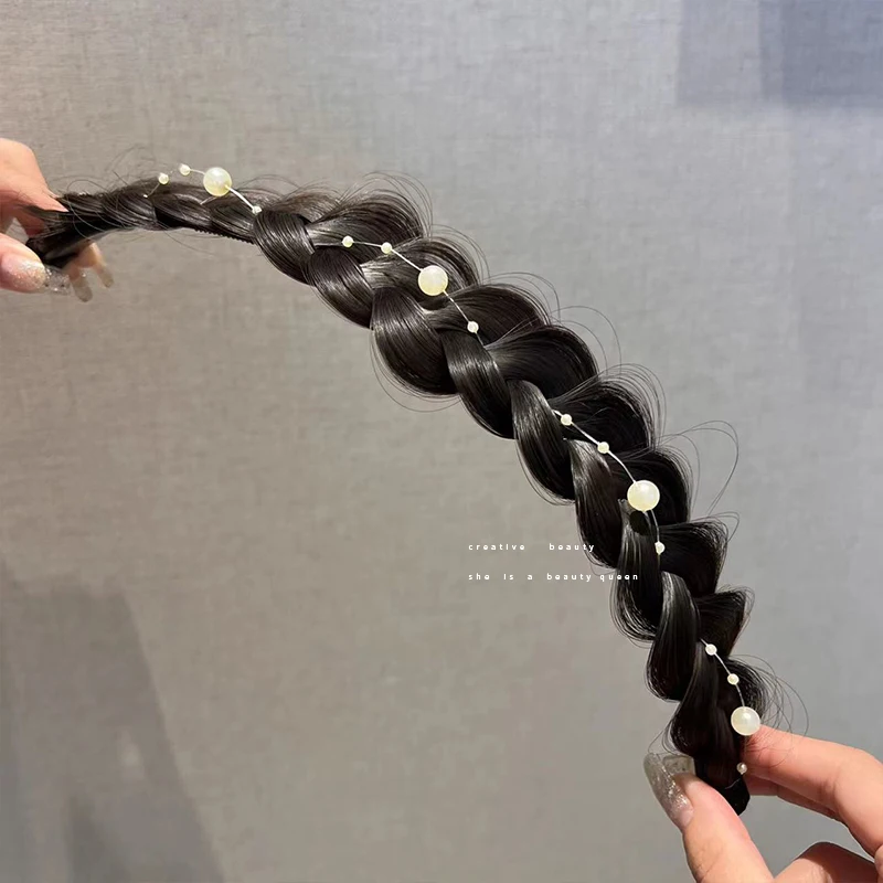 New Charm Pearl Chain Fishbone Braid Wig Hair Band Korean Simple One-piece Braid Headband Headwear Hair Accessories for Women