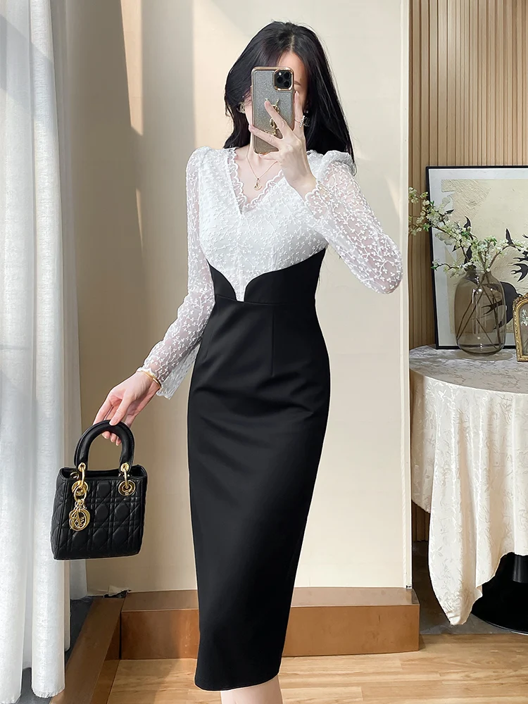 Кружевное платье новинка 2024 женская осенняя юбка с длинными рукавами и v-образным