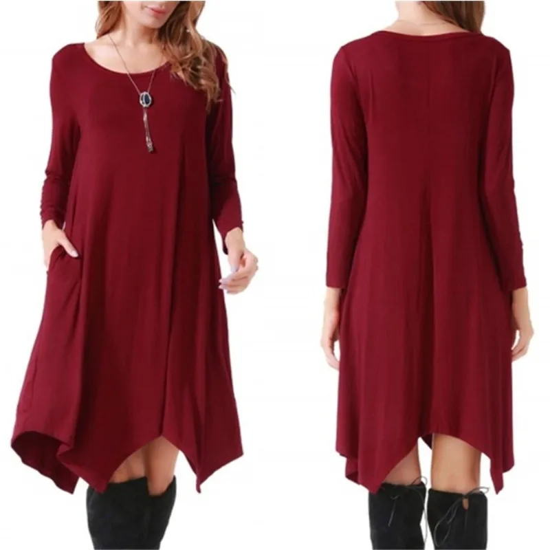 

2022 Women Cotton Dress Autumn Winter Oversized Casual Long Sleeve Simple Robe Streetwear Pocket Solid Irregular Loose Dresses
