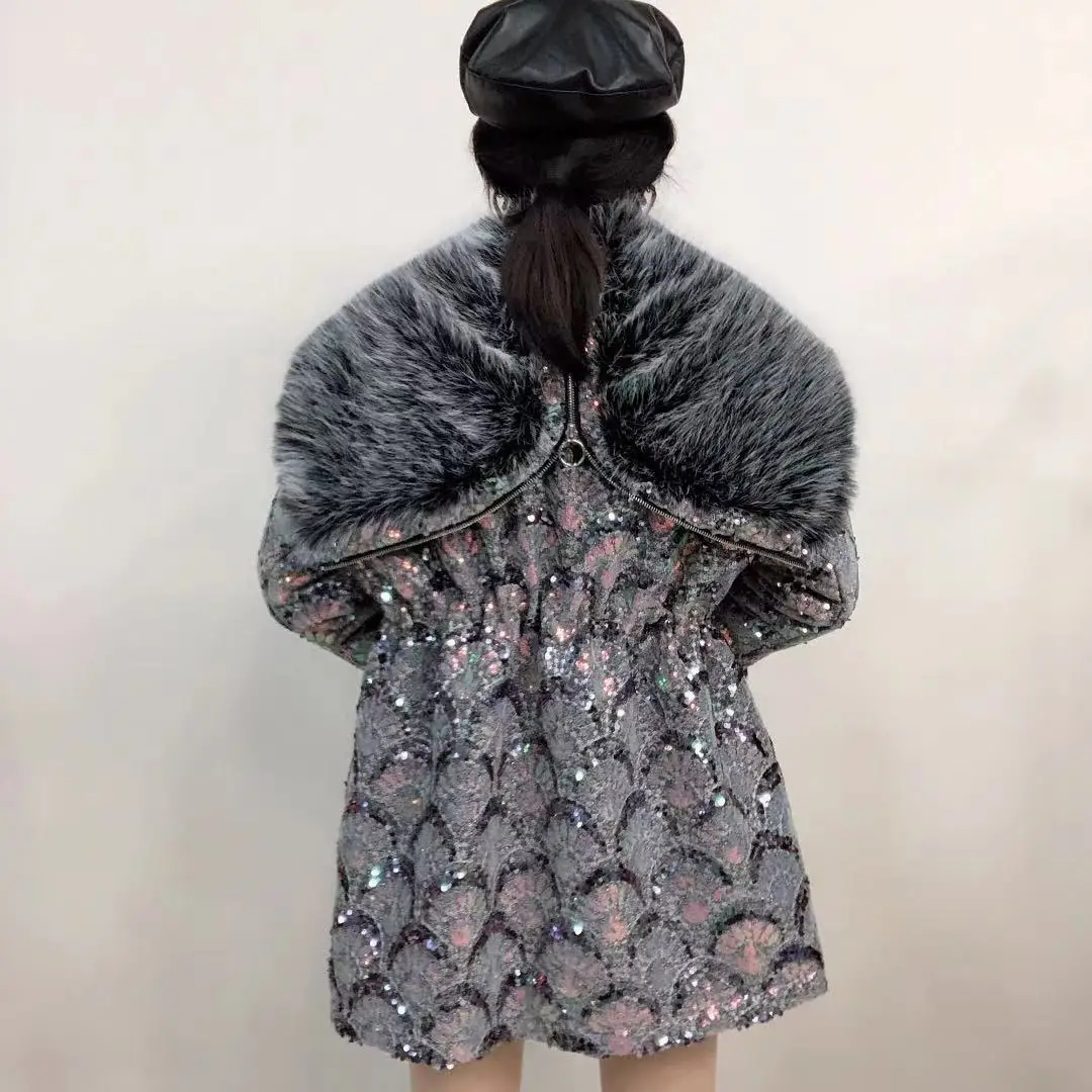2022 Winter Clothes Fashion Toka Warm Mid-Length Jacket High Waist Slimming Temperament Heavy Sequins Elegant Fur Coat Women