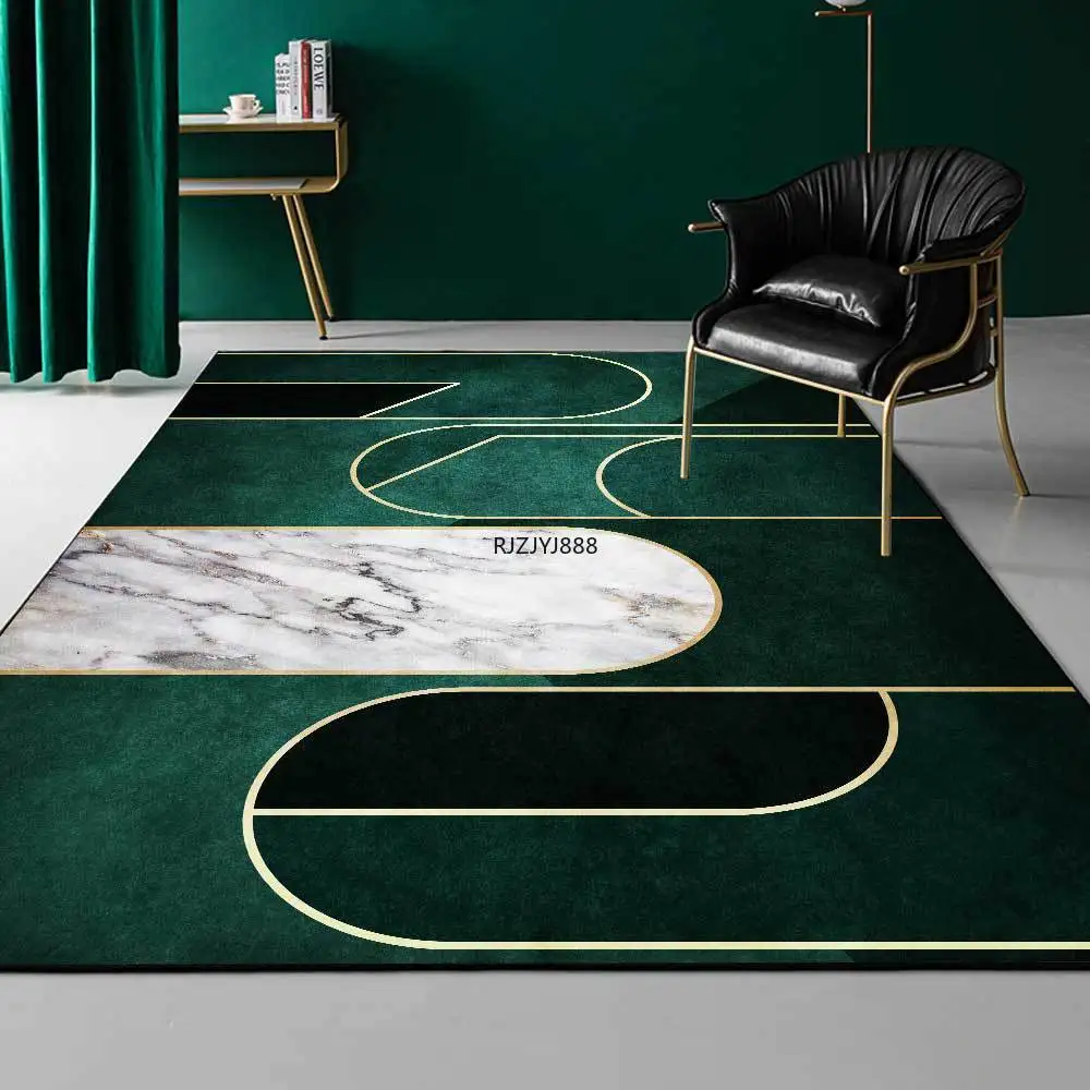 

Modern Deep Emerald Geometric Gold Lines White Marble Mosaic Living Room Bedroom Bedside Carpet Floor Mat Can Be Customized
