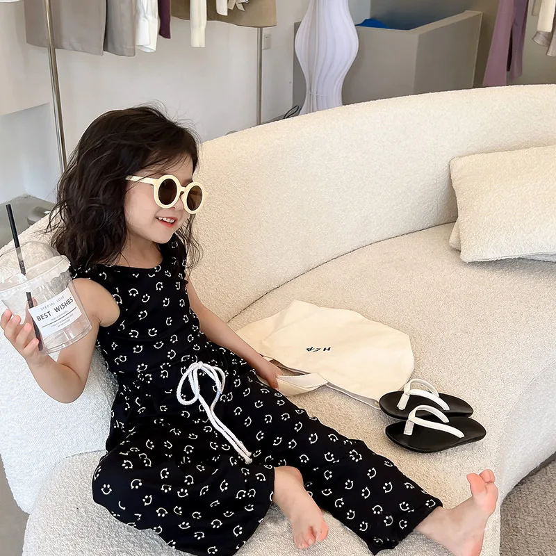 

Женские комплекты одежды, черные широкие брюки без рукавов с принтом и круглым вырезом, Дизайнерские комплекты одежды для девочек 18 мес.-7 лет