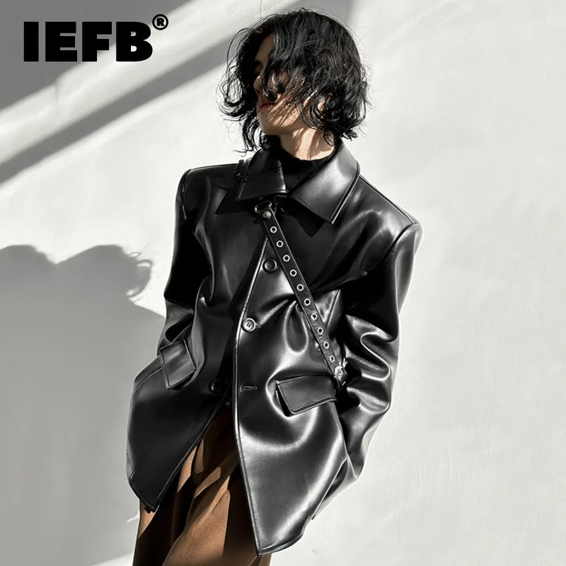 

IEFB Special Shoulder Pad Silhouette Pu Leather Men Jacket 2023 Spring Darkwear Single Breasted Turn-down Collar Male Coat