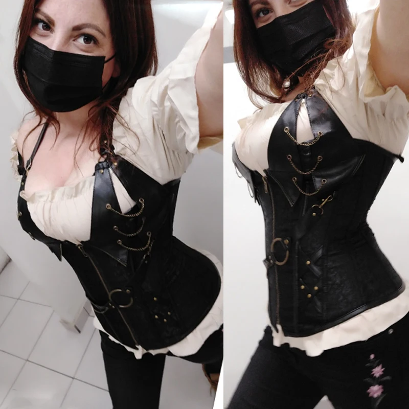 

New Medieval Viking Pirate Costume Women Gothic Knight Corset Halloween Cosplay Steampunk Leathter Halter Vest Metal Cuirass