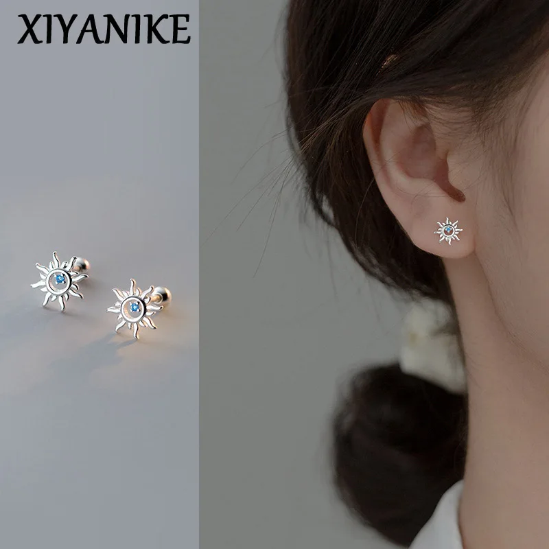 

XIYANIKE Summer Blue Crystal Hollow Sun Screw Stud Earrings For Women Girl Fashion New Ear Piercing Jewelry aretes de mujer