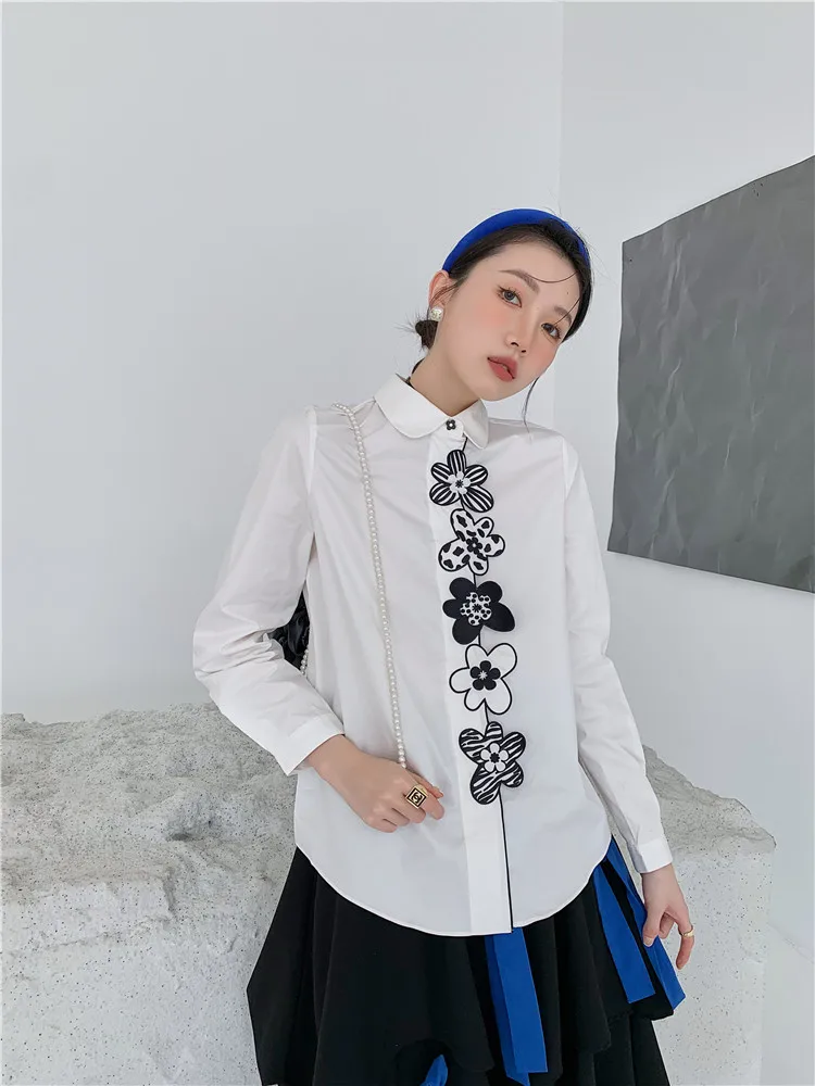 

ZCSMLL Embroidered Floral White Cotton Button Up Shirt For Women Long Sleeve Designer Top Peter Pan Collar Korean Blouse