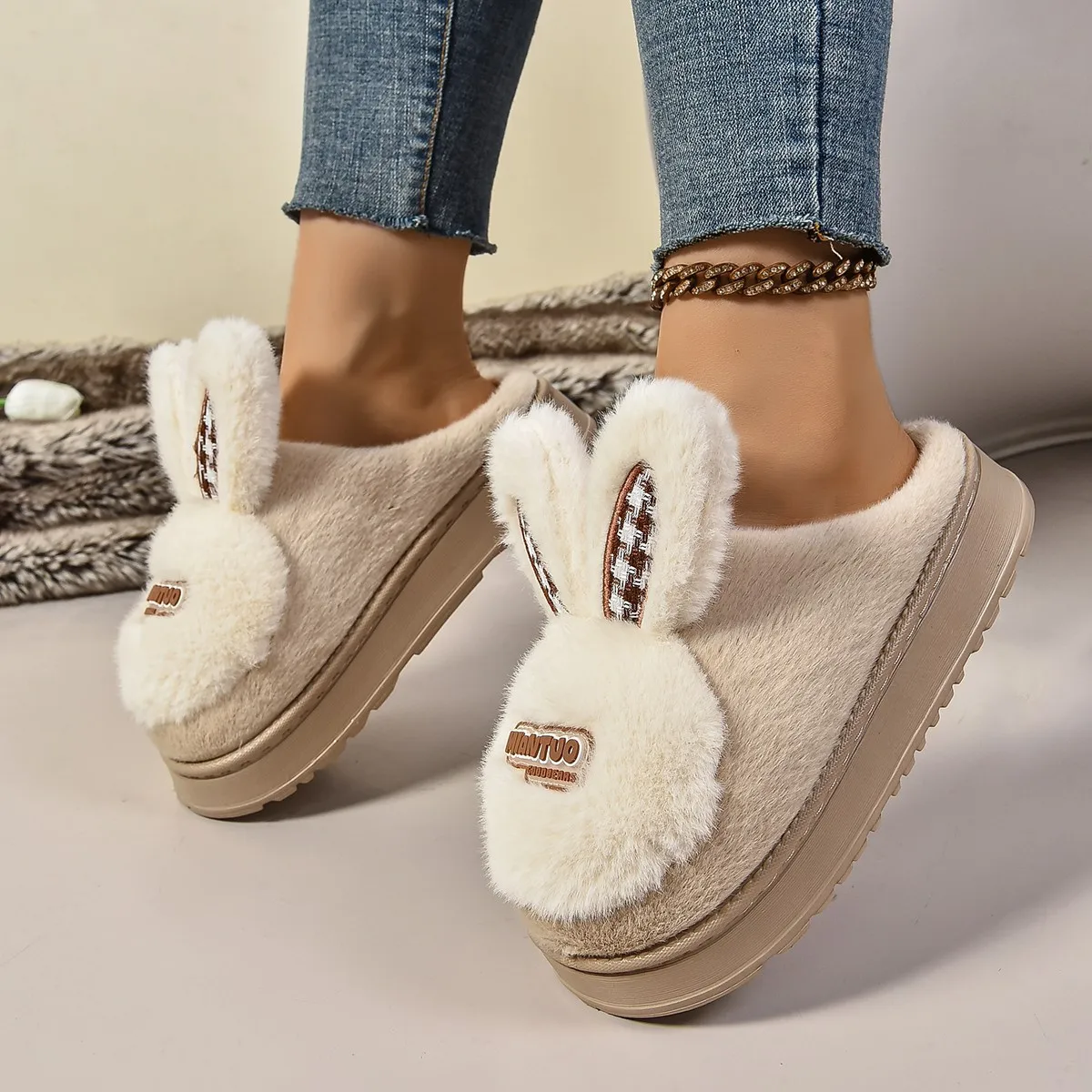 2024 новые зимние хлопковые тапочки женские кроличьи уши бархатные теплые