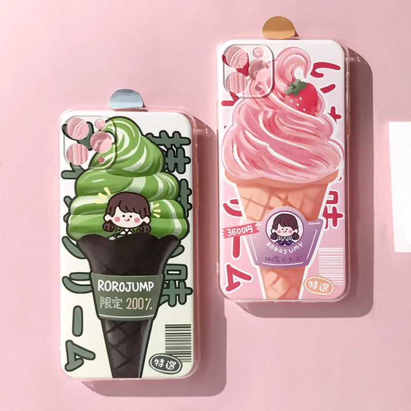 

Cute Summer Strawberry Ice Cream Clear Phone Case For iPhone 13 11 12 Pro Max X XR XS Max MINI 7 8 Plus Sweet Cartoon Soft Cover