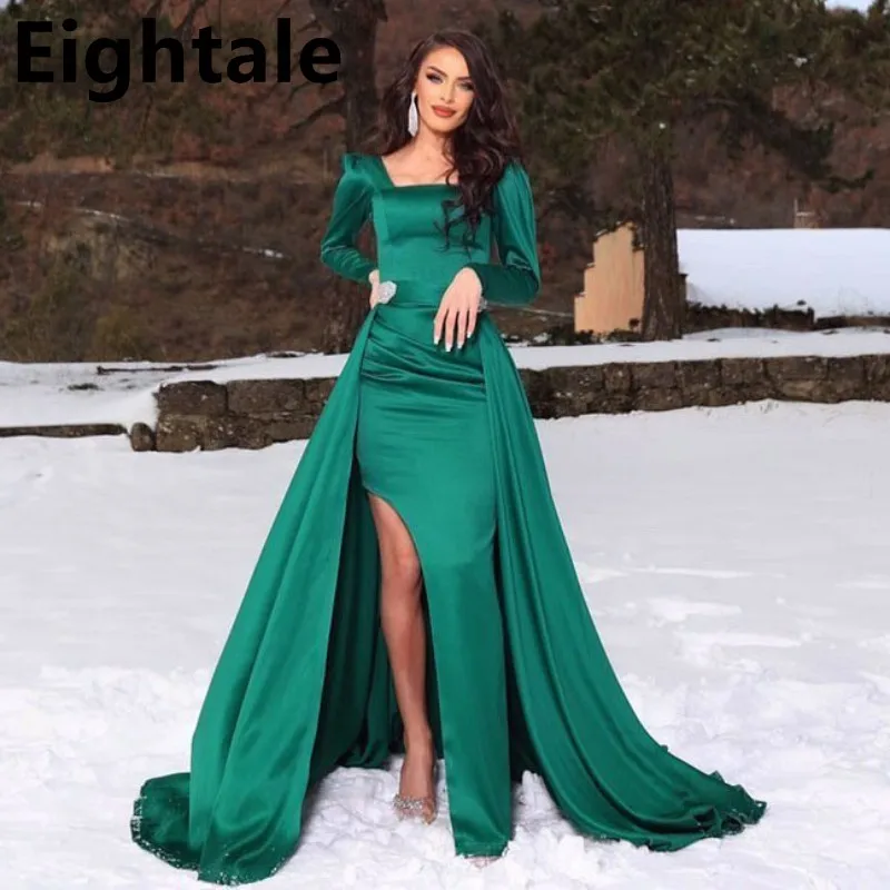 

Темно-зеленое вечернее платье-Русалка с квадратным вырезом, с разрезом и длинным рукавом