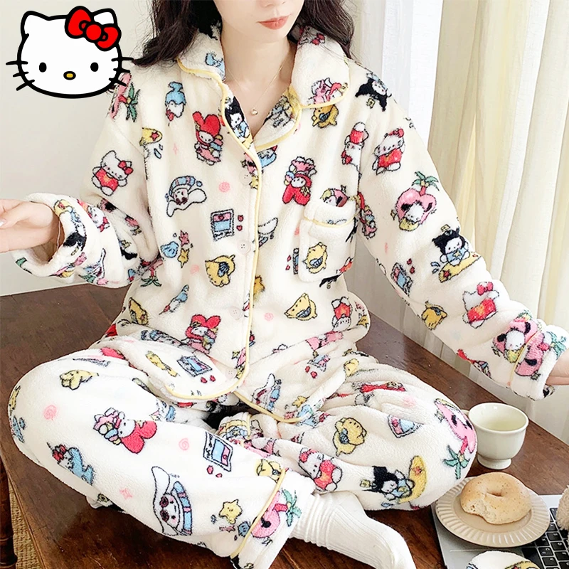 

Новый пижамный комплект Sanrio HelloKitty MyMelody Cinnamoroll, милая аниме осенняя и зимняя утепленная бархатная Пижама кораллового цвета для девочек, подарок