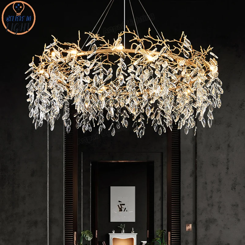 

Modern Luxury Crystal Chandeliers Metal Long/Round Hanging Lamp for Dining Living Room Hotel Hall Art Gold Light Fixture Decora