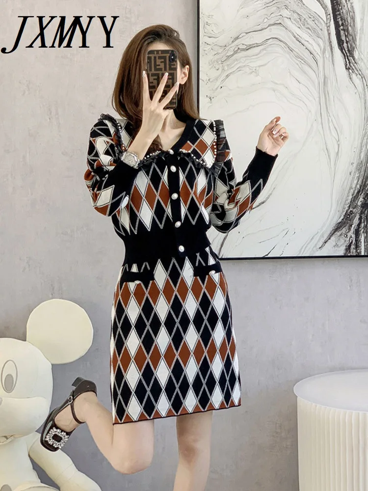 

JXMYY весенне-осенний модный новый с длинными рукавами кукольный воротник гофрированный вязаный элегантный темпераментный свитер юбка компл...