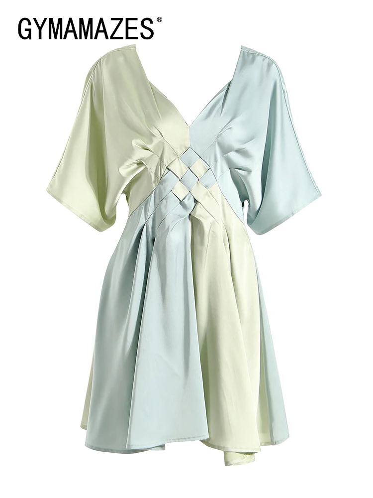 

GYMAMAZES Korean Fashion Colorblock Dress For Women V Neck Short Sleeve High Waist Mini A Line Dresses Female 2022 Summer Style