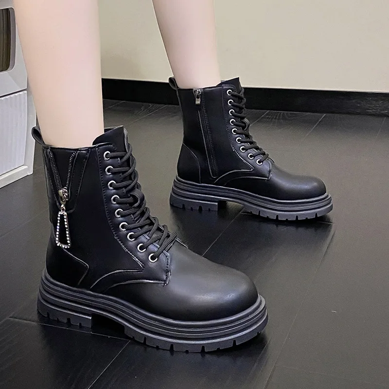 2023 Martin Boots Fashion Lacing Side Zipper Boots Woman Casual Autumn Winter Keep Warm Female Ankle Boots Thick Bottom Boots