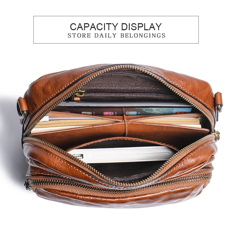 Vintage Men's Pleated leather shoulder bag Crossbody  bag Belt Leather Waist bag  30117