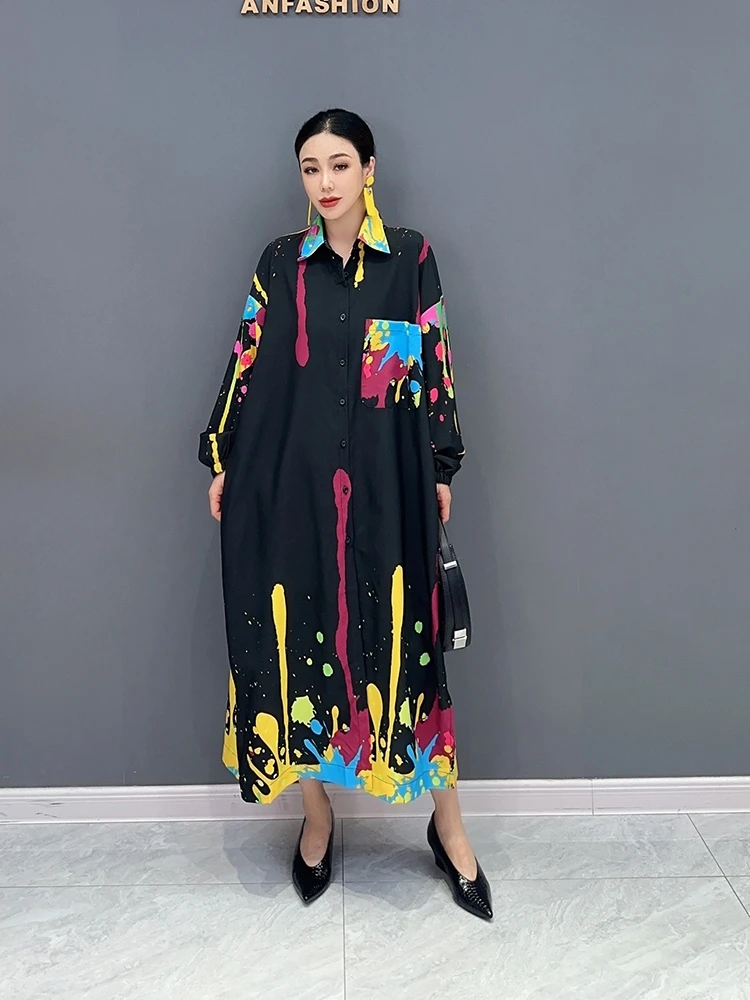 

SuperAen 2023 Autumn New Korean Style Graffiti Print Lapel Collar Shirt Dress Fashion Women's Maxi Dress