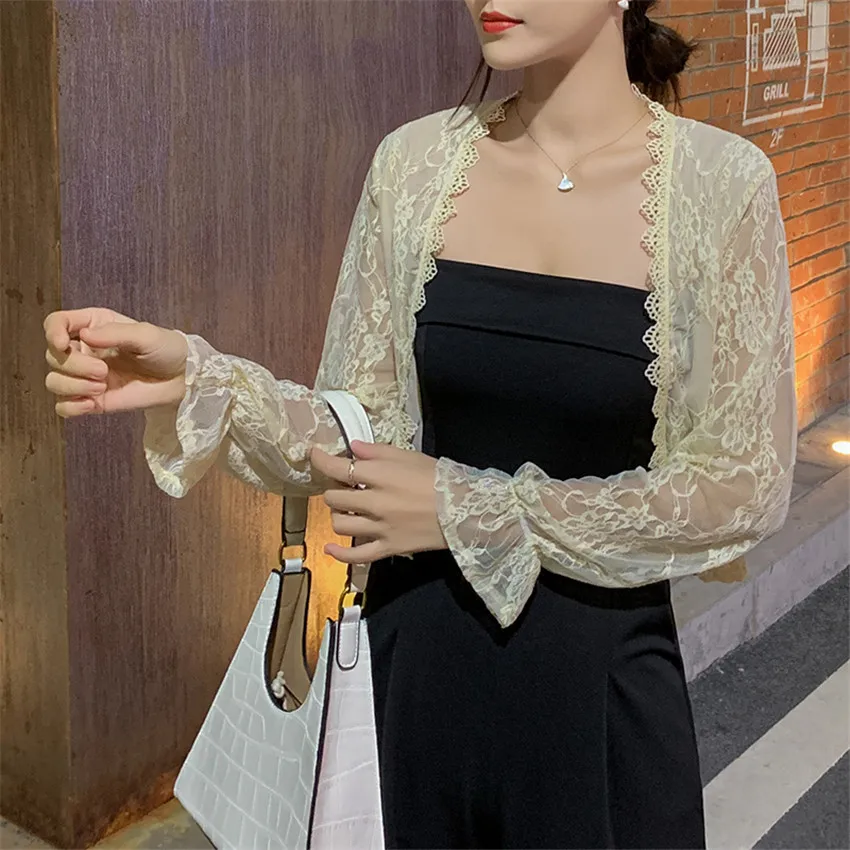 

Spring Summer Thin Lace Blouse Cardigan Crop Top Women Sunscreen Tops Shirt Beach Cover Up Casual Loose All Match Outwear