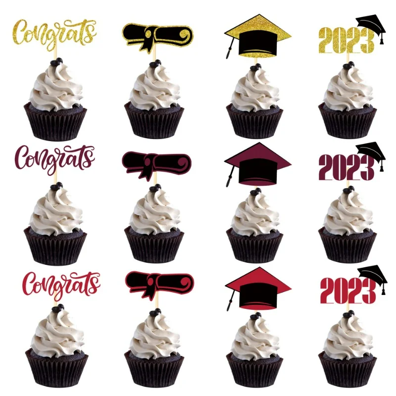 

16pcs Graduation Season Theme Cupcake Bachelor Cap Cartoon Cupcake Inserts Card Party Gift for Birthday Decorating Supplies