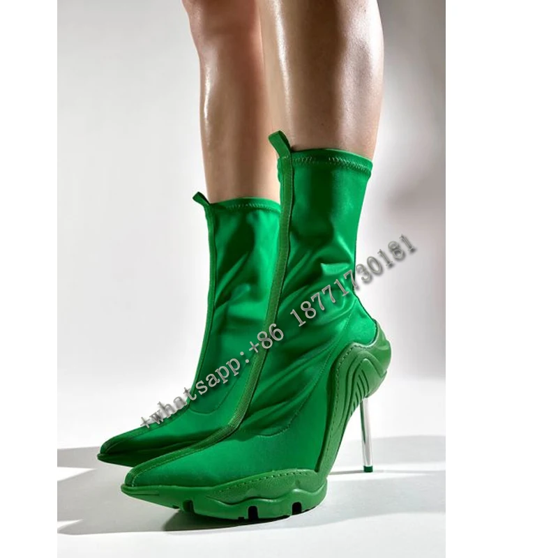

Green Stretch Metallic Heel Mid-Calf Boots Woman 2023 Red Pointy Toe Stitched Pull-Tab Stiletto Back Zipper Boot Pre-Sale