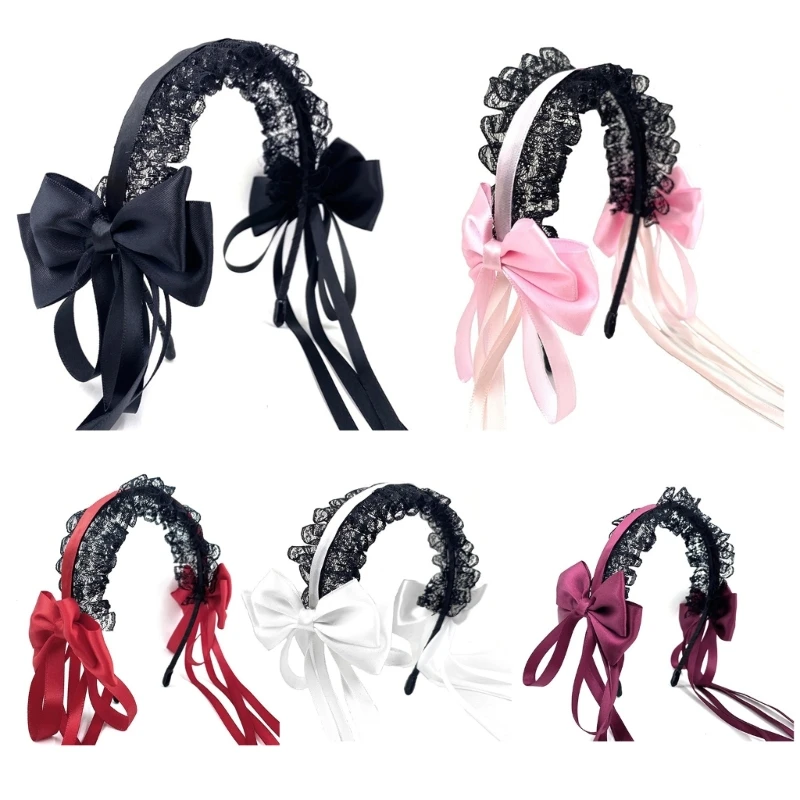 

Girls Multilayered Lace Hair Hoop Lace Bows with Long Tassel Headdress Cute Maid Headpiece Anime Headband