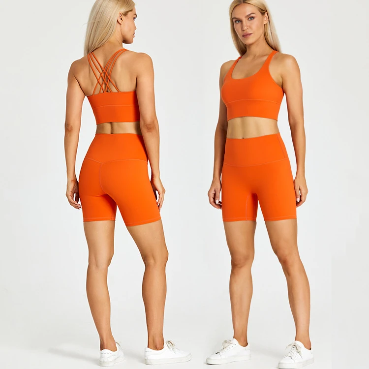 

Lulu 2 Piece Nylon Gym Yoga Sets Sexy 5" V Waist Shorts and Sport Bra Elastic Running Short Workout Bottoms Sports Sets