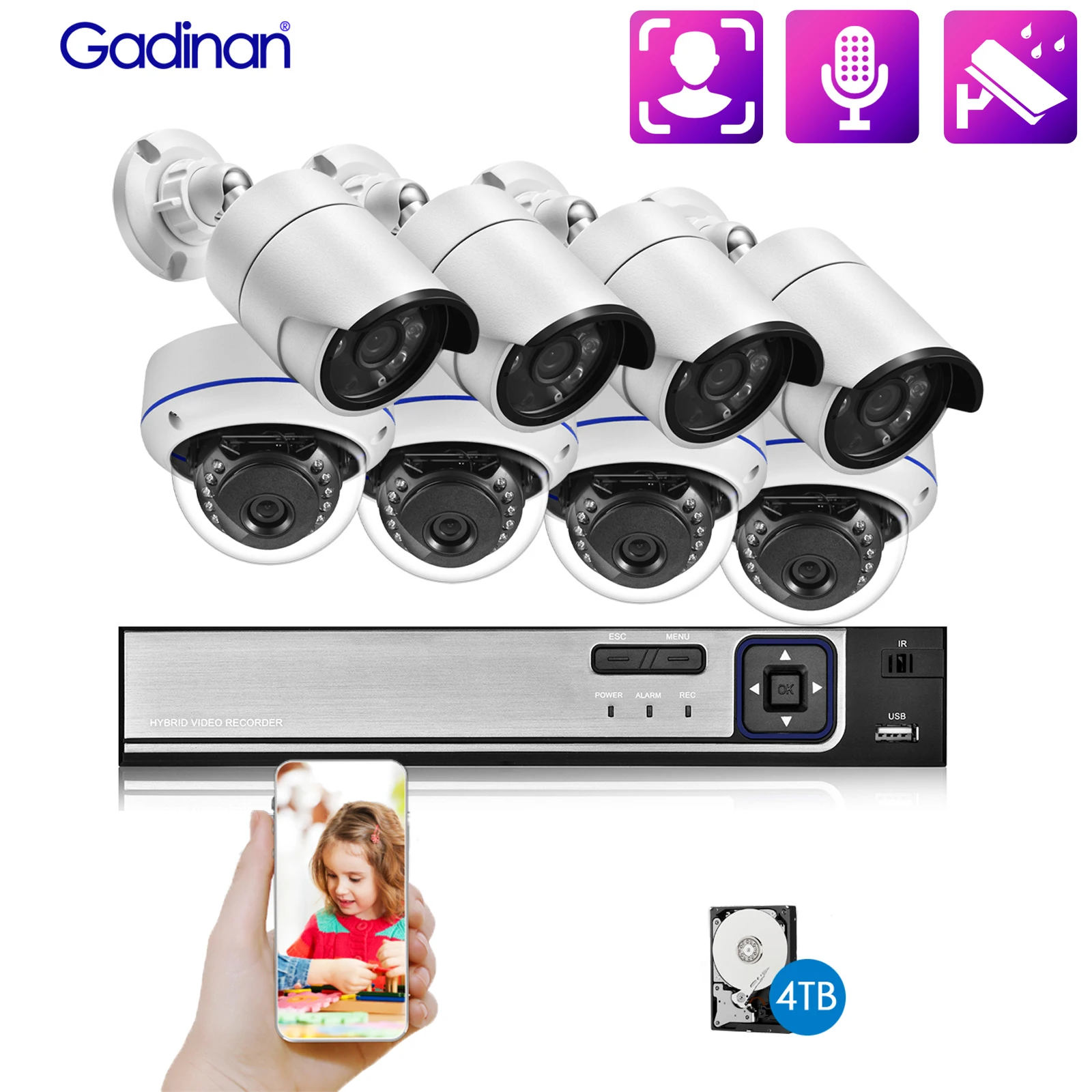 

Система видеонаблюдения Gadinan H.265 POE, 8 каналов, 3,6 мм, 5 Мп