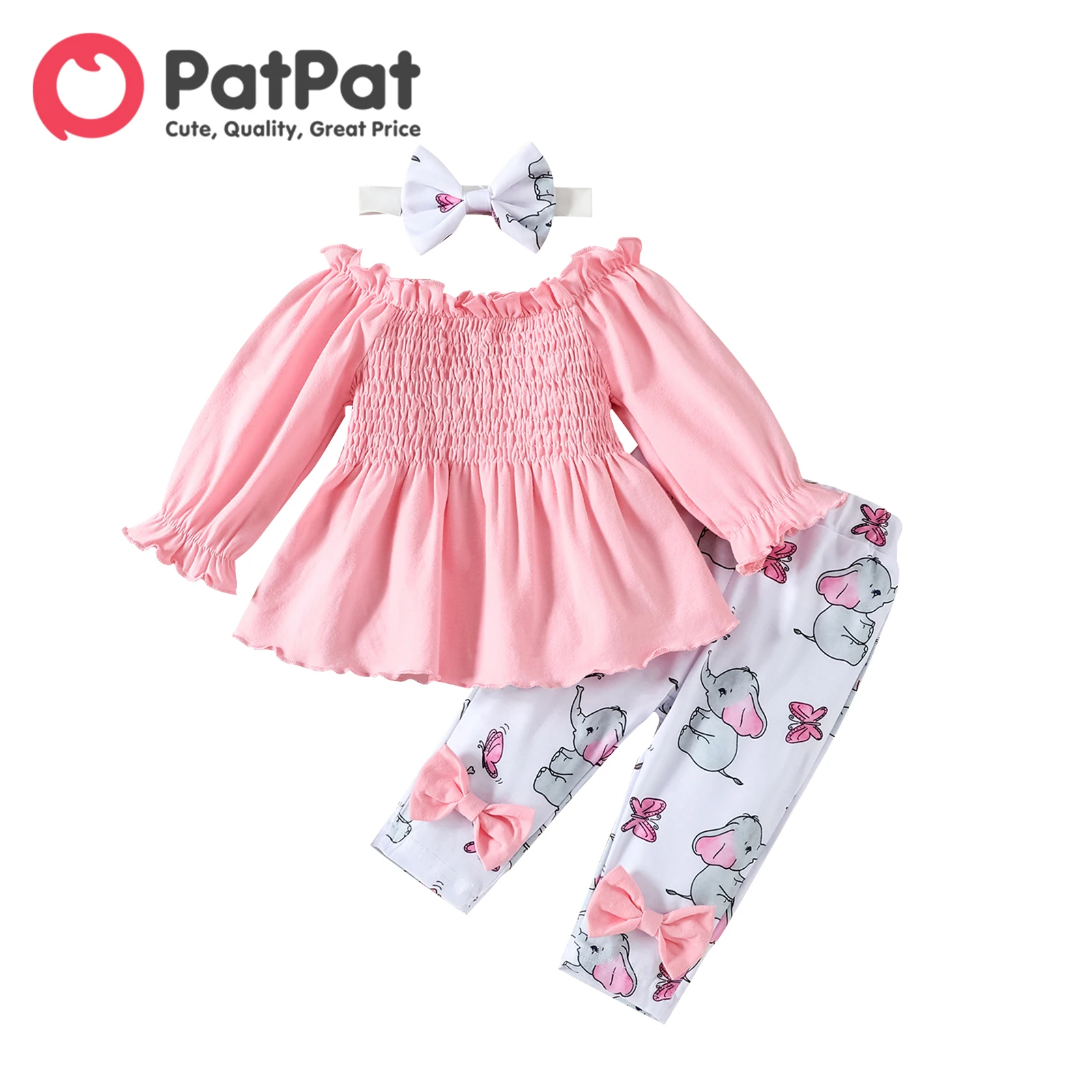 

PatPat Newborn Baby Girl Clothes Babies Items 95% Cotton Frill Off Shoulder Long-sleeve Top Elephant Pants with Headband Set