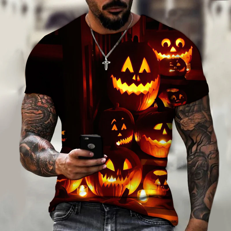 

Halloween Pumpkin Lantern Horror Theme Skull 3D Printing Men's Shirt Round Neck Oversized Casual Short Sleeve Street Fashion Top