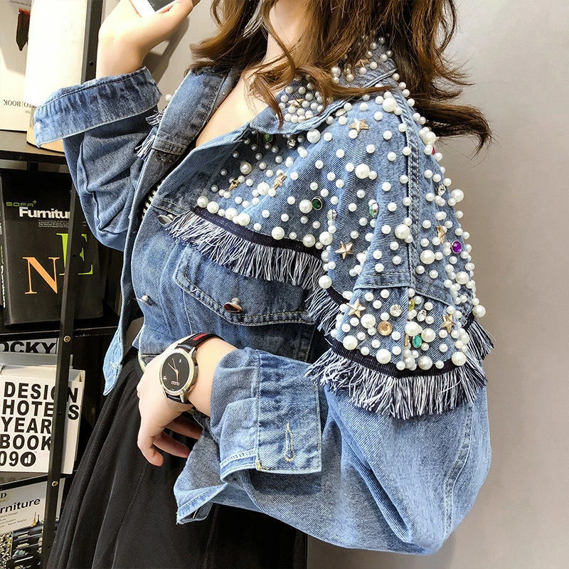 

Luxury Pearl Denim Jacket Women Hand-Studded Punk Tassel Short Jean Coats Woman Autumn Heavy Industry Streetwear Jackets