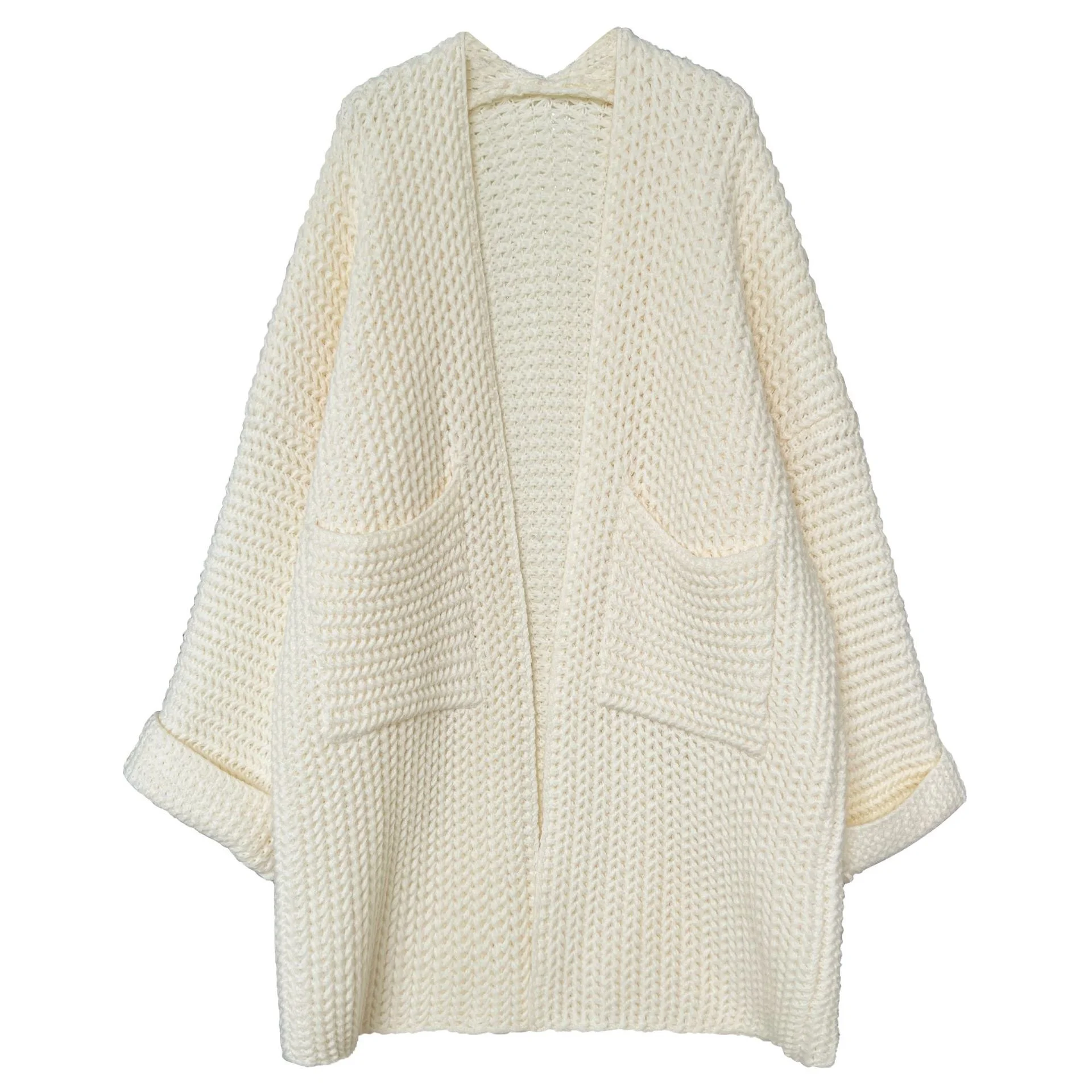

Women's Chunky Knit Dual Pocket Open Front Long Thickened Cardigan Autumn Winter Thick Stick Outer Sweater Medium Long Coat