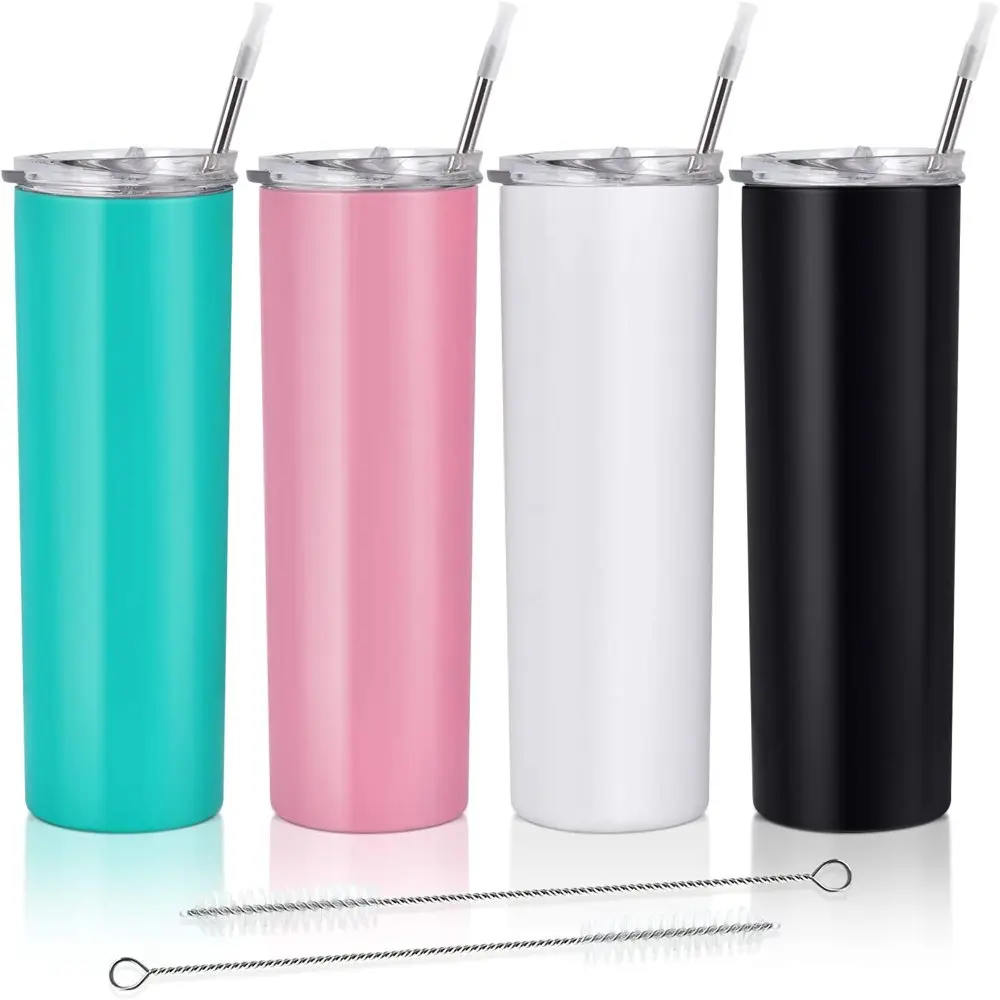 

4 Pack Stainless Steel Skinny Tumbler with Lids and Straws , Double Wall Travel Tumblers , 20 oz Vacuum Insulated Water Tumbler
