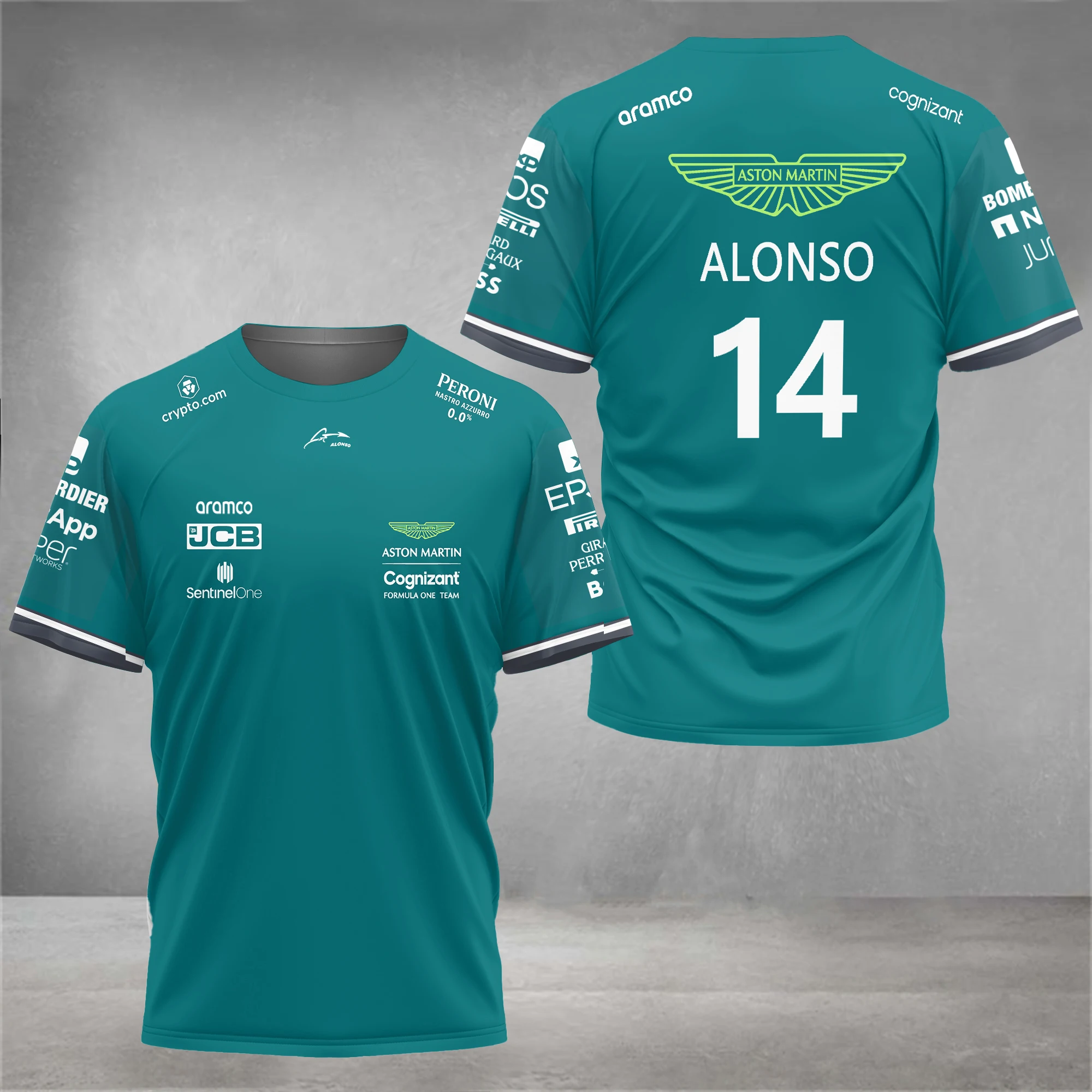 

Aston Martin 2023 F1 Team T-shirts, Spanish Racing Driver Fernando Alonso 14 and Stroll 18