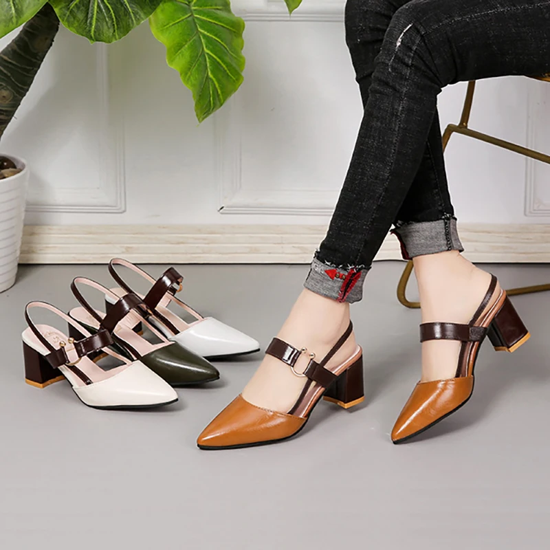 

Summer Women's Pointy Party Single Shoes Sandals For Women Office OL Wear Square Thick Heel Punk White Beige Sandals New 2022