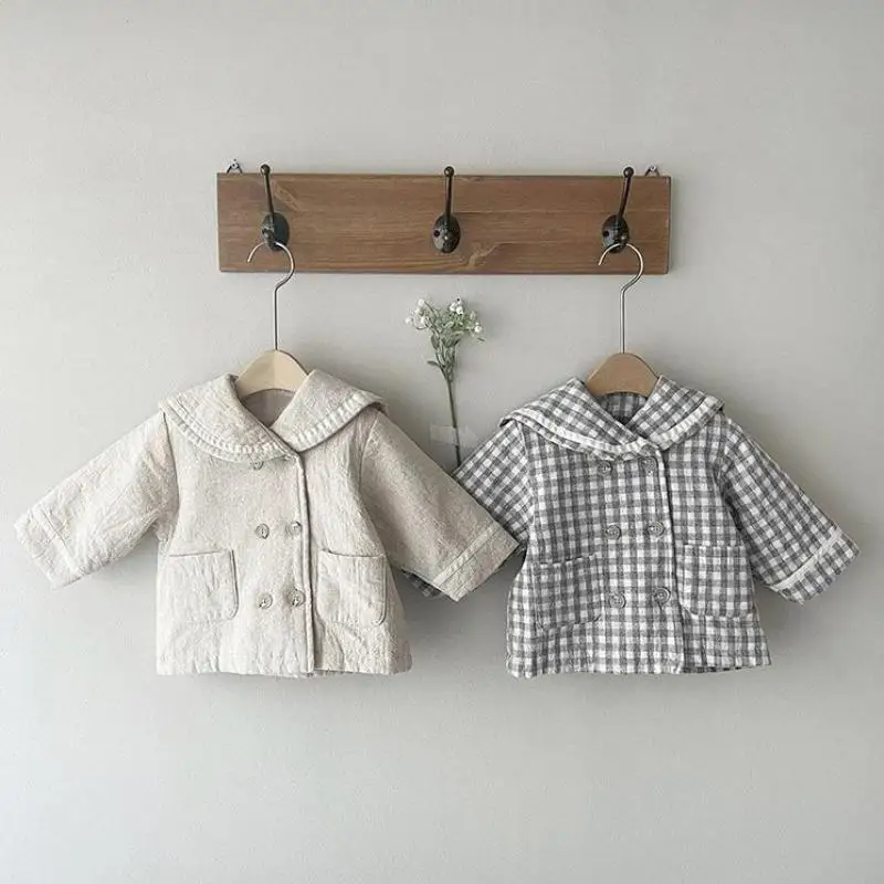 

Boy Thin Cotton Clothes Toddler Girl Sweet Fashion Navy Collar Double Breasted Thick Cardigan Baby All-match Plaid Padded Jacket
