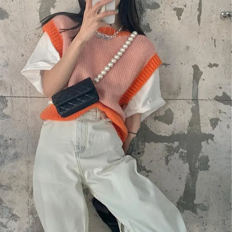 Милые полосатые вязаные топы с графическим рисунком для женщин жилет Kawaii женский