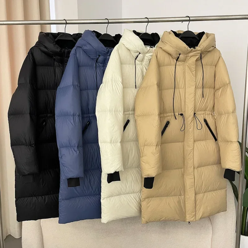 Женское длинное пуховое пальто с талией |