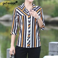 office lady casual fashion striped printed button shirt summer 2022 new polo neck half sleeve loose cardigan tops ladies clothes