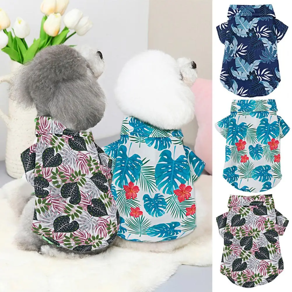 

Puppy Clothes Easy to Put on And Take Off Turn-down Collar Fastener Tape Closure Hawaii Style Print Pet Dog Cat T-Shirt Decor