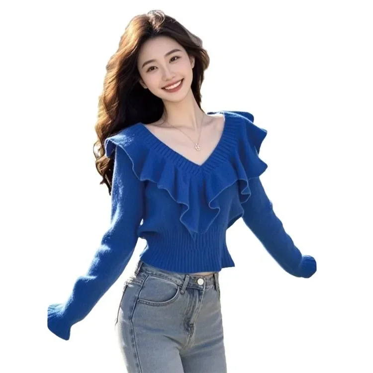 Осенний новый атмосферный свитер с рюшами и v-образным вырезом белый синий