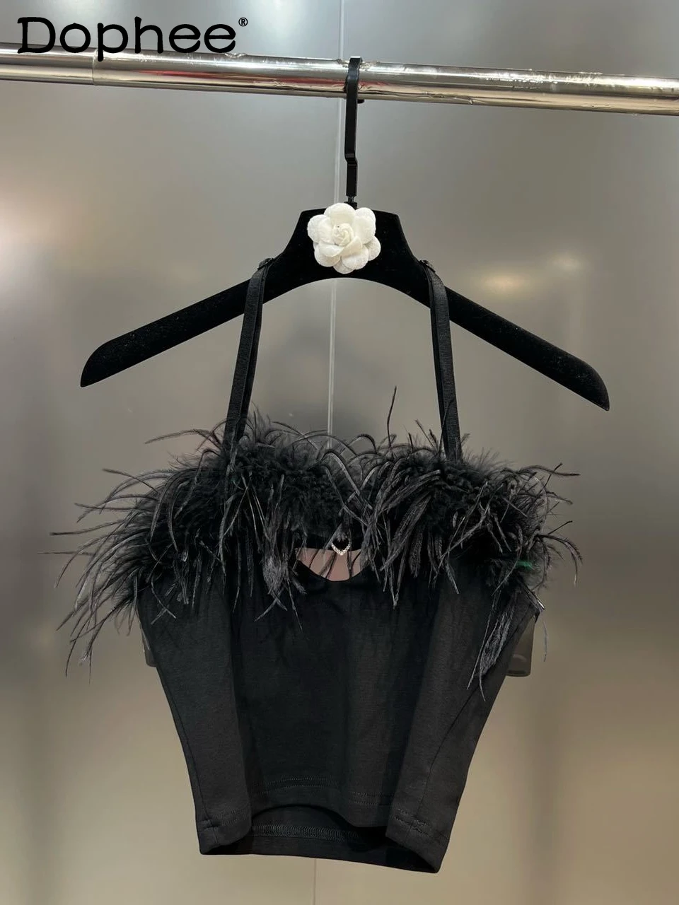 

Black Feather Camisole for Women 2022 Autumn Halter Ostrich Hair Hollow Heart Slim Backless Sweet Cool Crop Top
