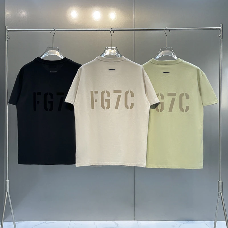 

Fashion New EssentialsT-shirts Flocking Logo FG7C Short Sleeve street Hip Hop Oversized Unisex Cotton Tees