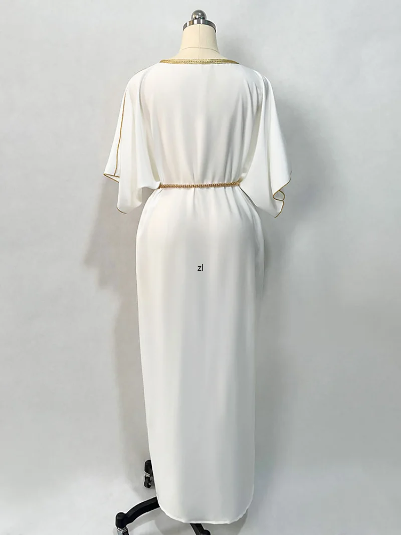 White Evening Dresses Moroccan Caftan Women Golden Trim Handsewn Rhinestones Luxury Abaya Muslim Bridal Gowns Gulf Jalabiya