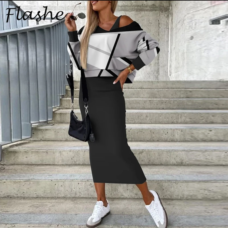 Женский костюм с винтажным принтом свободная блузка длинным рукавом облегающее