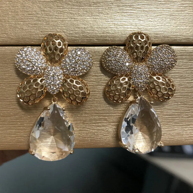 

Bilincolor Clear Crystal Cubic Zirconia Flower Golden Cute Earring for Women
