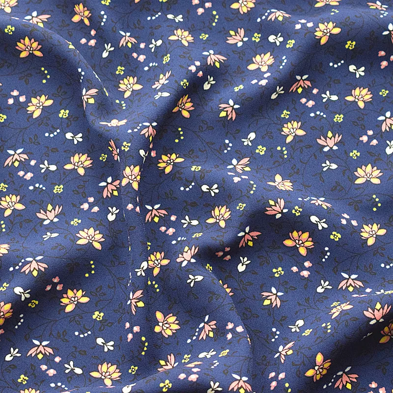 

Fashion Fabric Thickened Hemp Chiffon Fabric Spring And Summer Printed Fabric Dark Treasure Blue Small Broken Flowers