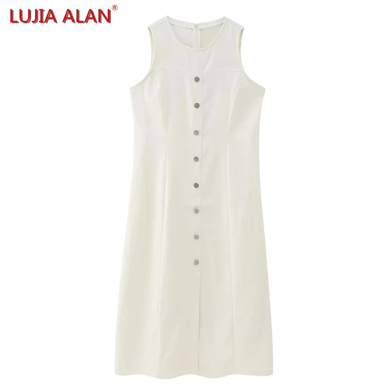 

Летнее Новое Женское джинсовое платье-жилет на пуговицах, женское повседневное свободное миди-платье без рукавов, LUJIA ALAN WD2393