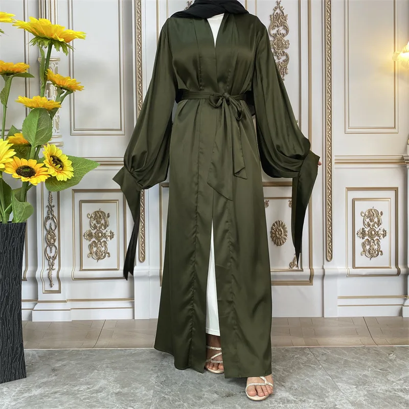 Muslim Fashion Dress Thin Satin Tie Lantern Cuff Cardigan Abaya Dubai Arabic Dress Islamic Clothing for Women Jalabiya Kaftan