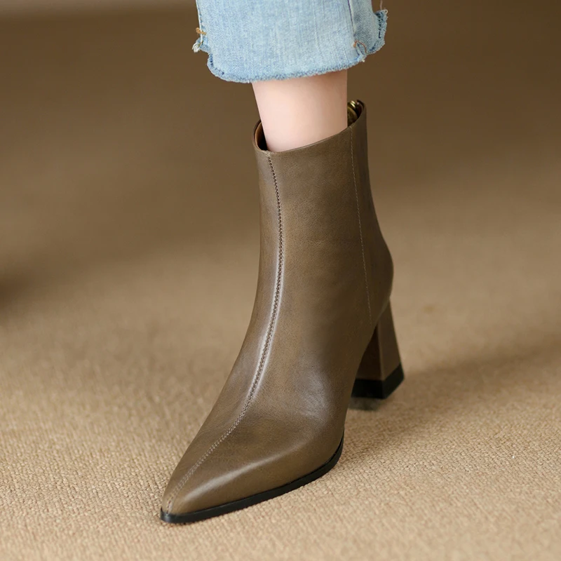 Ботильоны женские из воловьей кожи теплые полусапожки на толстом высоком