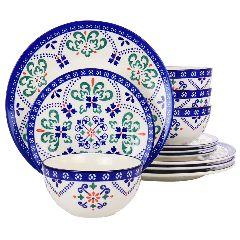 

California Designs Tierra Star 12 Piece Hand Painted Dinnerware Set in Blue Dinnerware Set Utensils For Kitchen